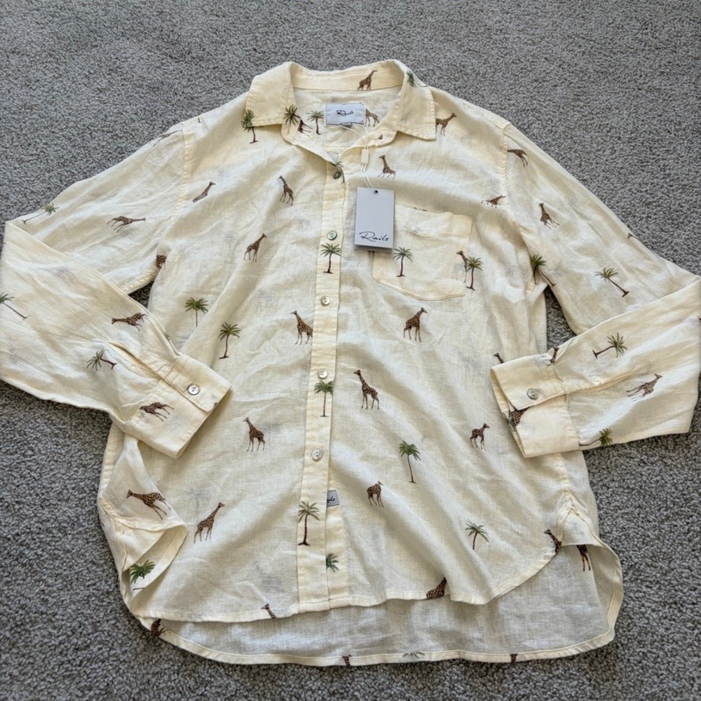 Rails Charli Safari Shirt Womens S Cream Giraffe Print Linen Blend Button Up